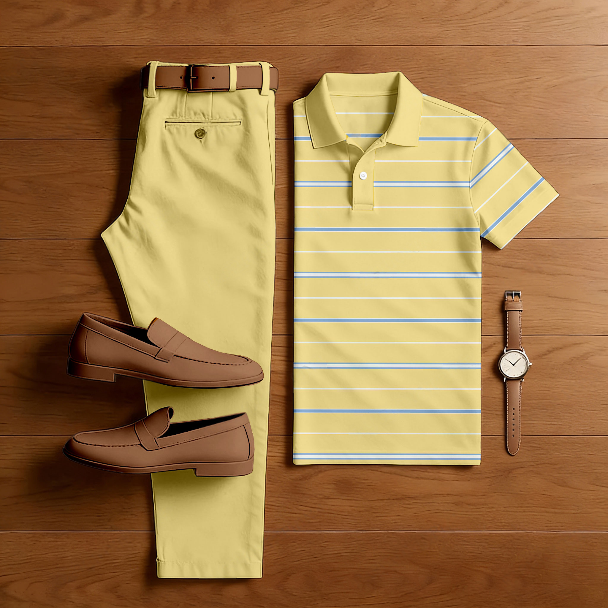 Conjunto de dos piezas casual Beige rayas estampado camisa polo And pantalón para hombre