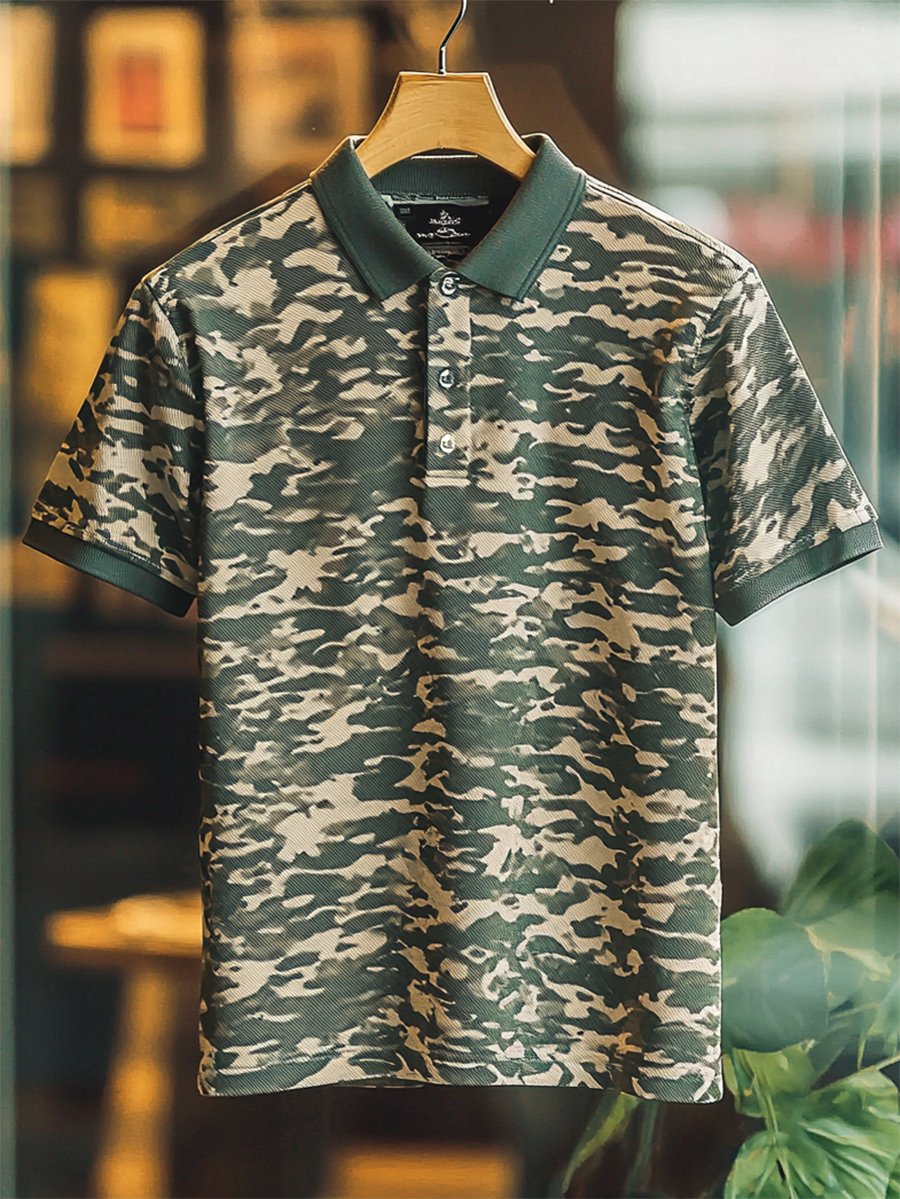 Camisa polo casual ejecutivo camuflaje estampado Button de manga corta para hombre