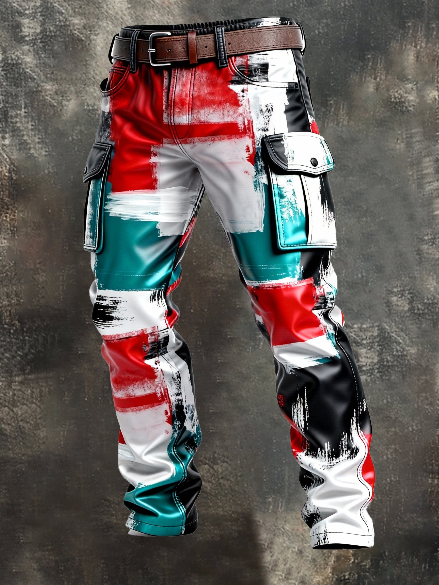 Pantalón retro en bloques de color desgastado bolsillo Cargo para hombre