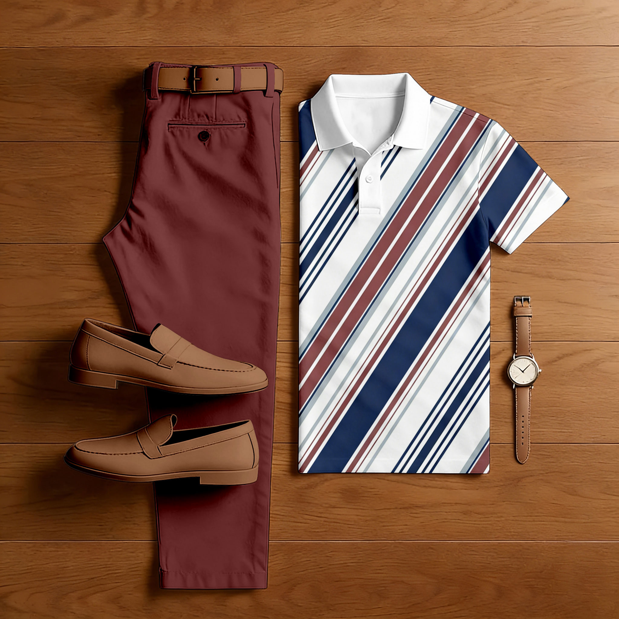 Conjunto de dos piezas casual Red Brown & White Multi Color Matching a rayas estampado de manga corta camisa polo & Trousers para hombre