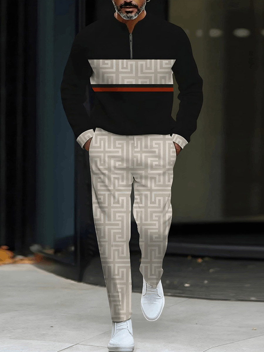 Conjunto de dos piezas casual Black & Beige Color Matching vintage Style Patchpara trabajo estampado Round-Neck Zipper de manga larga sudadera & Trousers para hombre