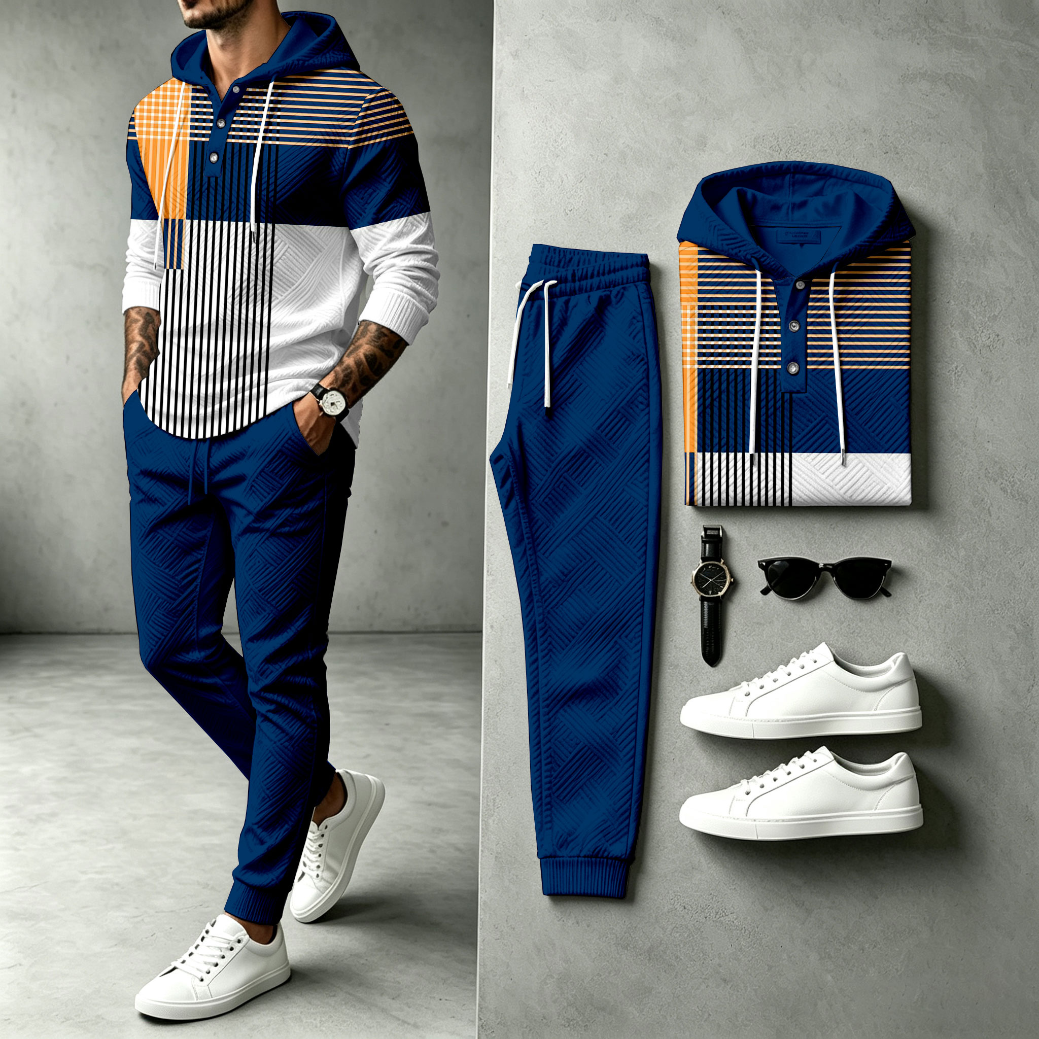 para hombre a rayas Patchwork Hooded Sweacamiseta and pantalón Set