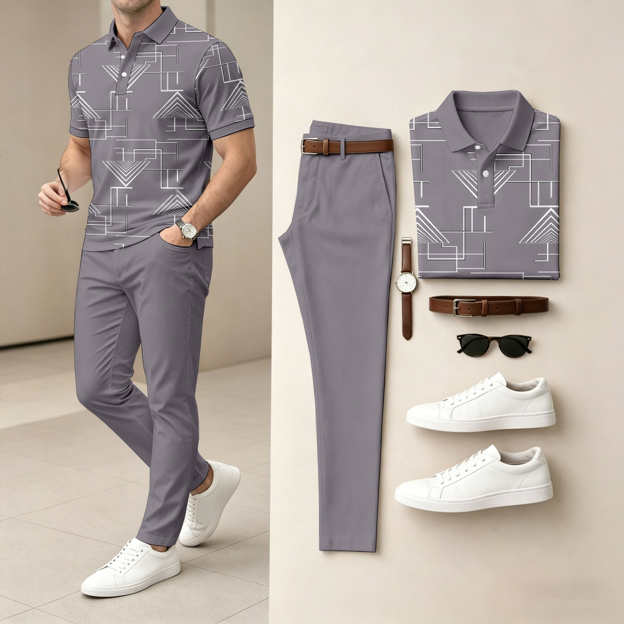 Conjunto de dos piezas casual de color sólido Lines estampado camisa polo And pantalón para hombre