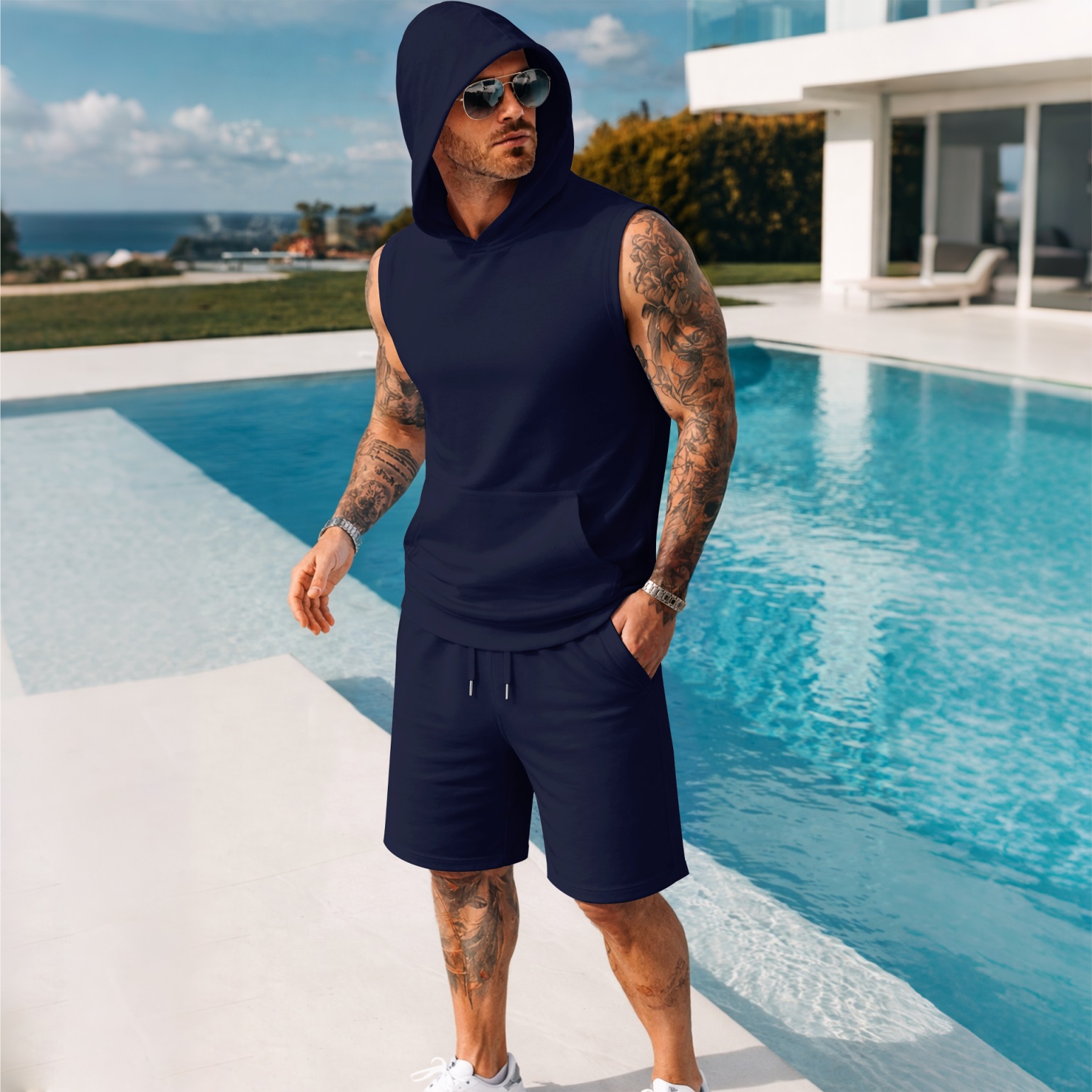 Shorts 2-Piece casual Set: 5-Color Hooded Vest & — Regular Fit, Athleisure Style, Sleeveless Top & shorts — Summer Apparel para hombre
