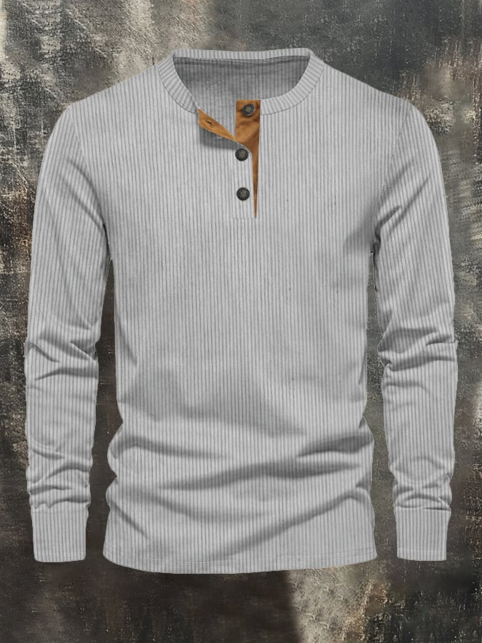 Camiseta pana casual Henley de manga larga para hombre