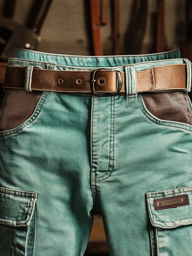 Shorts vintage para exterior bolsillo Functional cuero Embossed Cargo para hombre