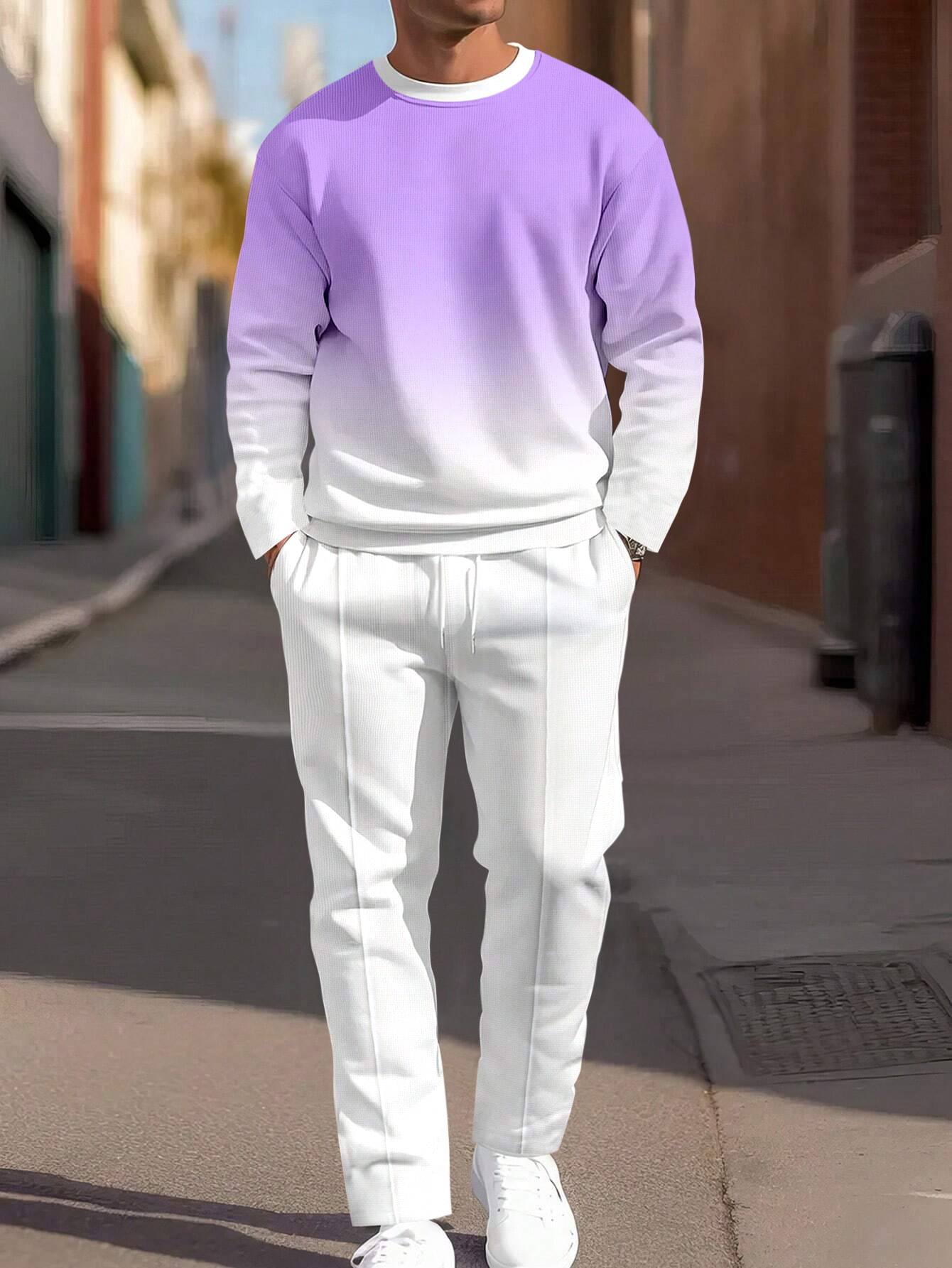 Simple Colorblock Round Neck casual Sports Set 070 para hombre