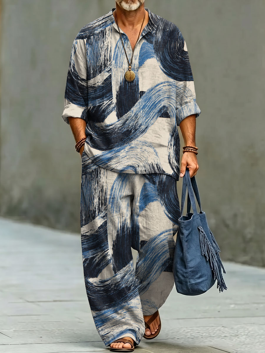 Pantalón Elegant Sophisticated And casual Dry-brush Style Decorative Patterns. de manga larga de algodón de lino Top And Set
