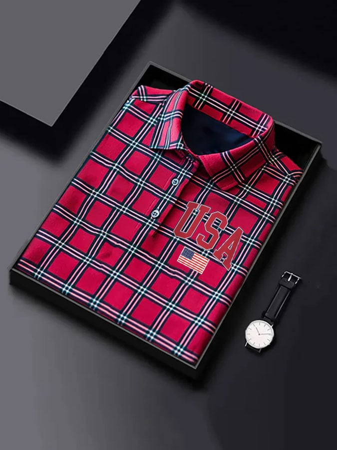 Camisa polo Independence Day Flag estampado casual Check para hombre
