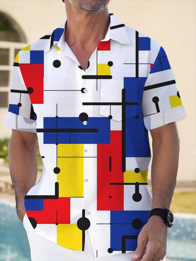 Camisa Geometric estampado de moda Lapel de manga corta