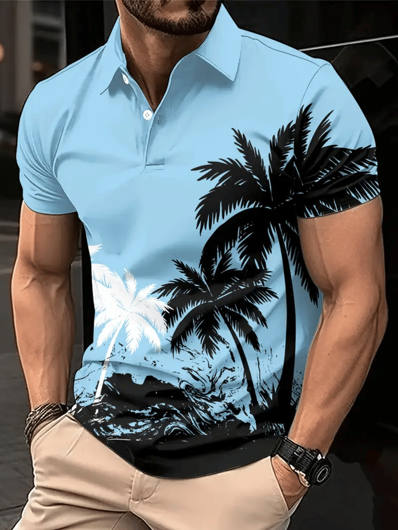 Camisa polo hawaiano Coconut Tree estampado de manga corta con botones para hombre
