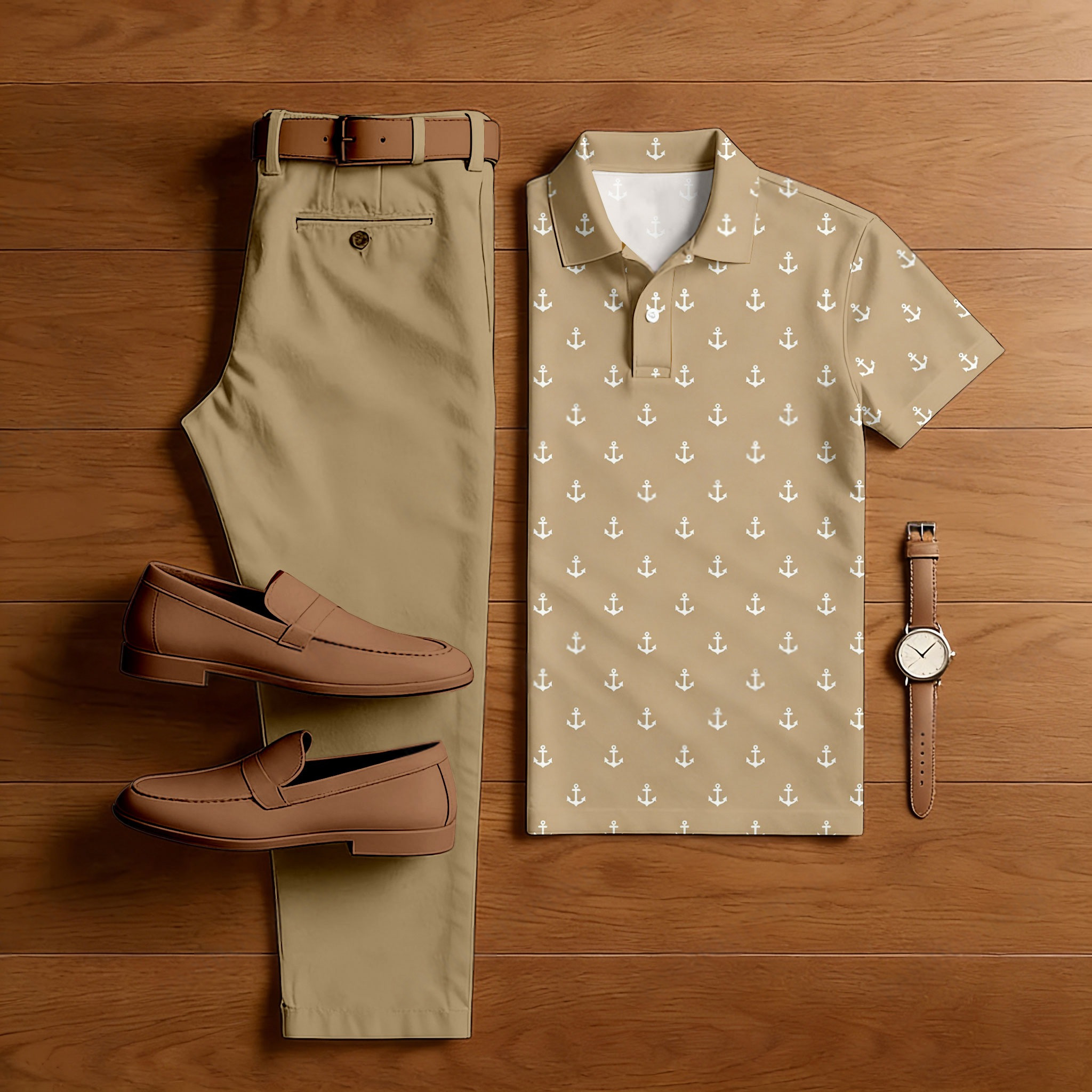 Conjunto de dos piezas casual Khaki Icon estampado camisa polo And pantalón para hombre