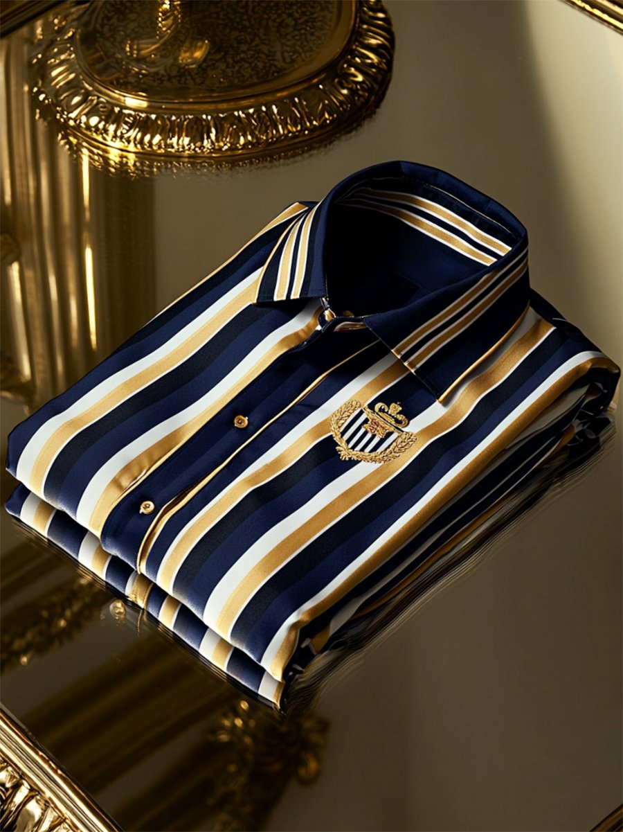 Camisa ejecutivo casual a rayas Logo estampado de manga larga para hombre