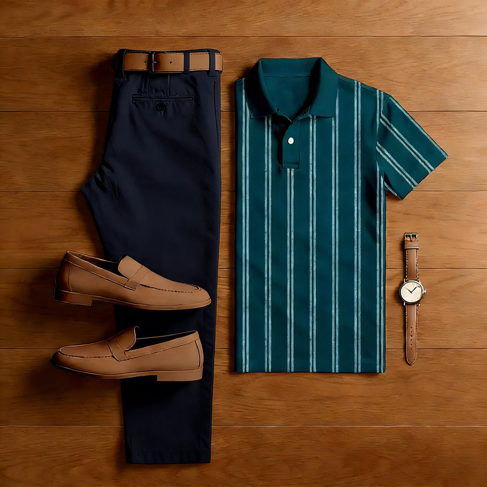 Conjunto de dos piezas casual Dark Green Color Matching a rayas estampado de manga corta camisa polo & Navy Blue Trousers para hombre