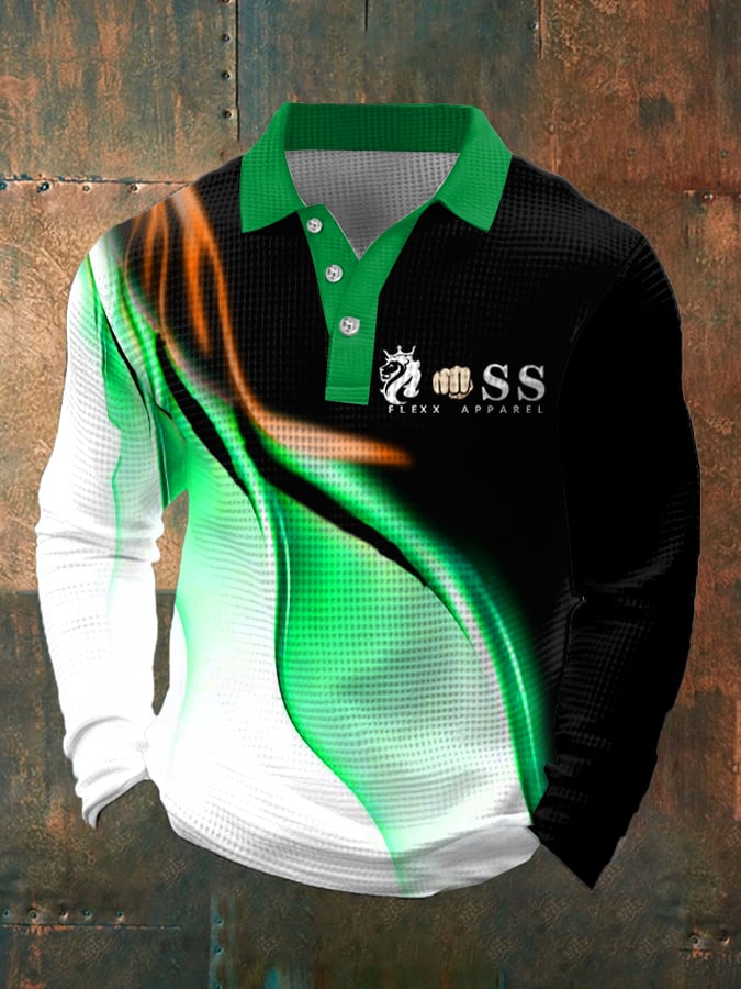 Camisa polo retro Letter Design Waffle Fabric de manga larga para hombre