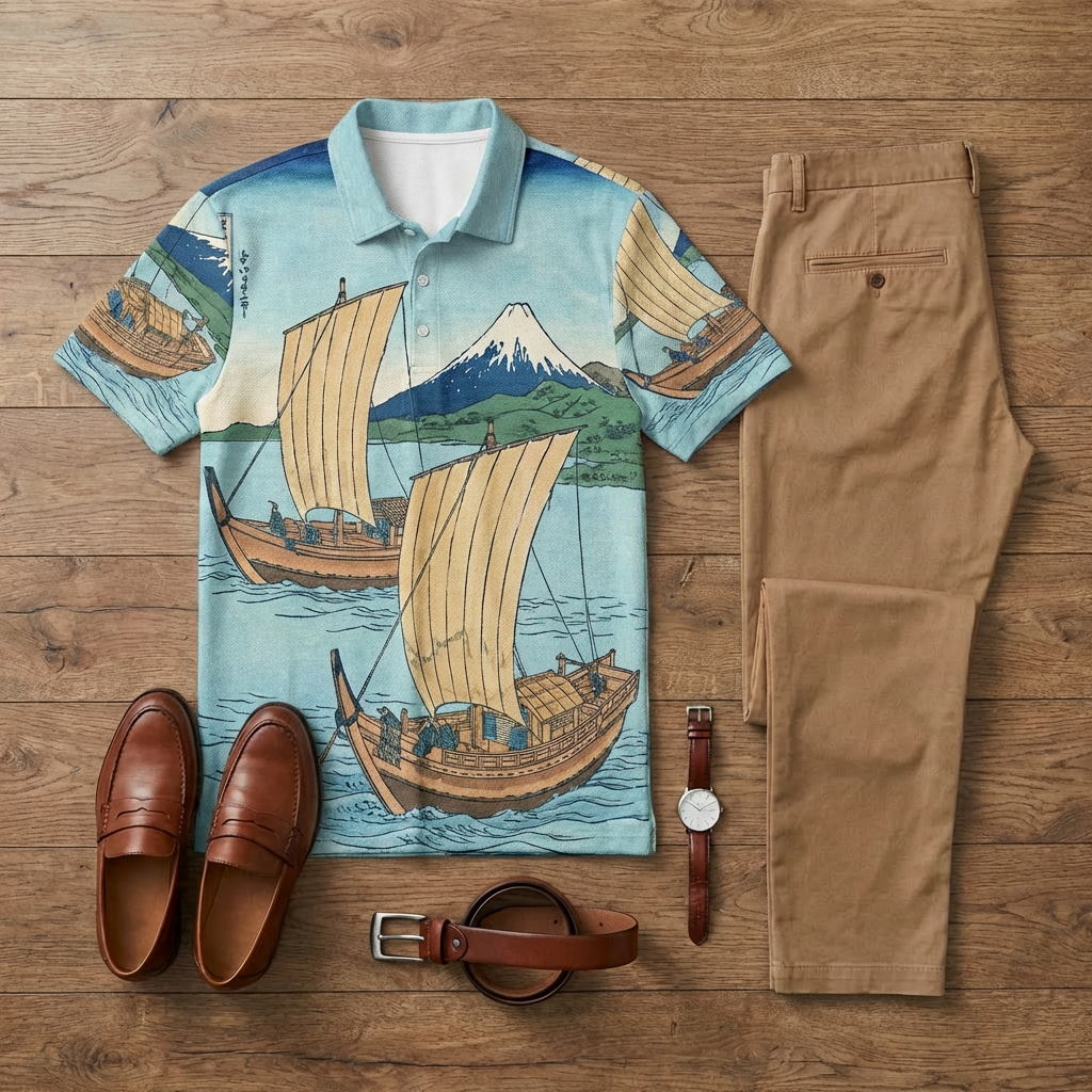 Conjunto de dos piezas casual Blue Sailboat estampado de manga corta camisa polo And Trousers para hombre