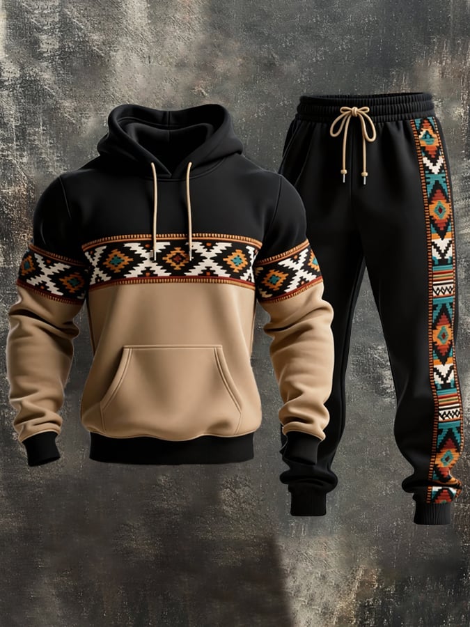Sudadera retro desgastado Contrast Color Hooded casual Set para hombre