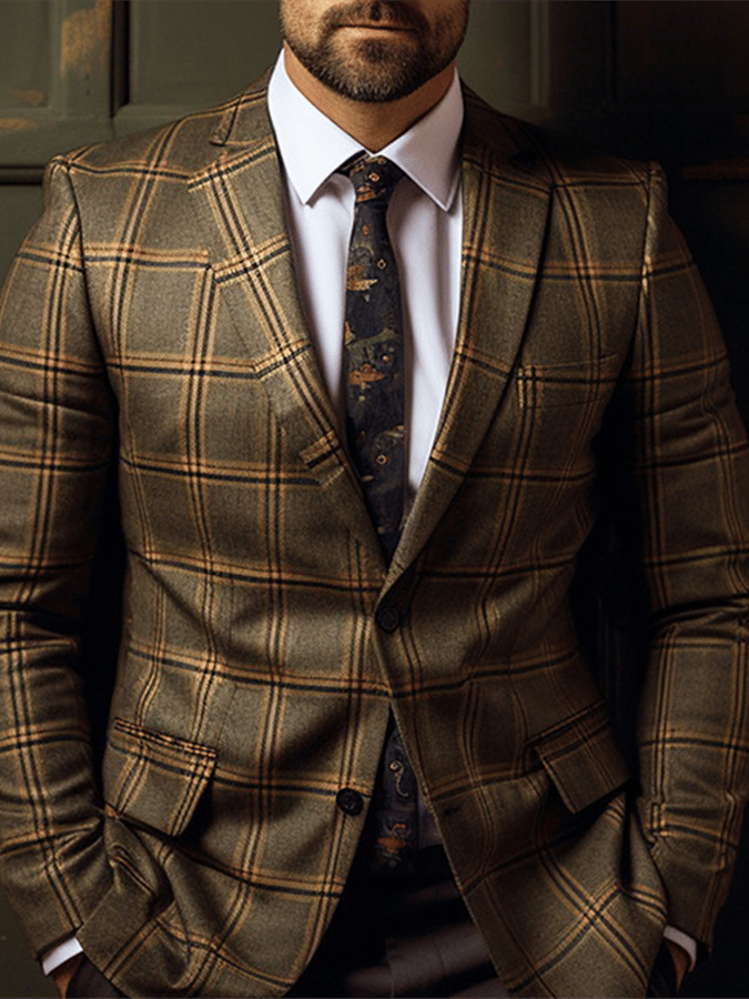 Chaqueta vintage Single-Breasted a cuadros Gentleman's ejecutivo Suit para hombre