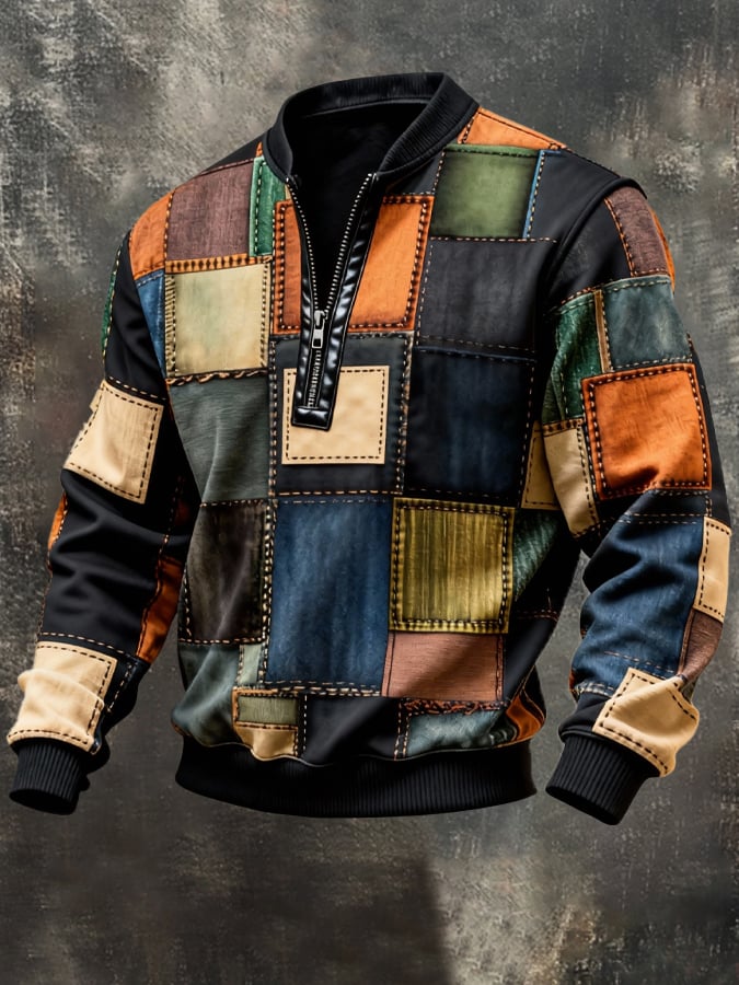 Sudadera vintage Color-Block estampado con cierre con gorrasucha para hombre