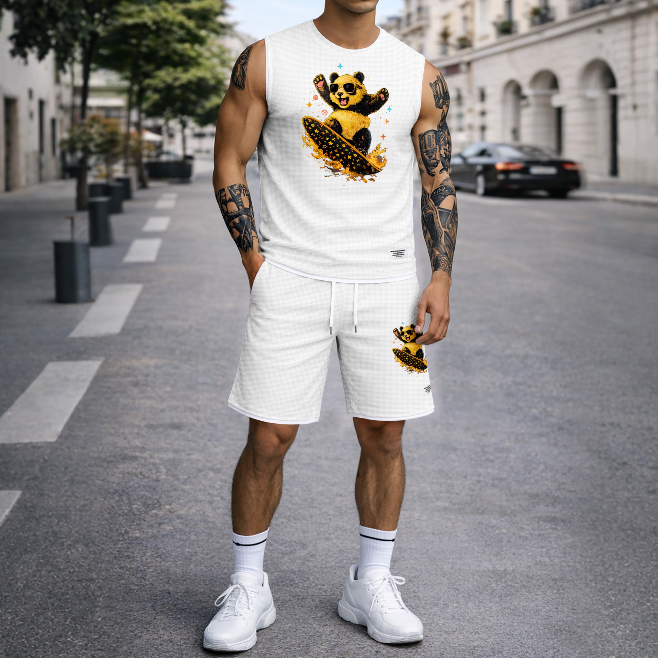 Shorts Cartoon Panda Graphic estampado Summer Set Sleeveless Tank Top & Matching Outfit, Skateboard Style Animal estampado Lightweight casual Streetwear Athletic Set for Everyday & Holiday para hombre