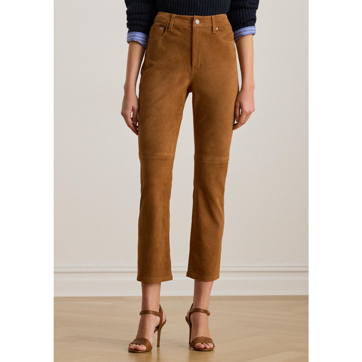 Women's High-Rise Goat-Suede Straight Ankle Pants - 1