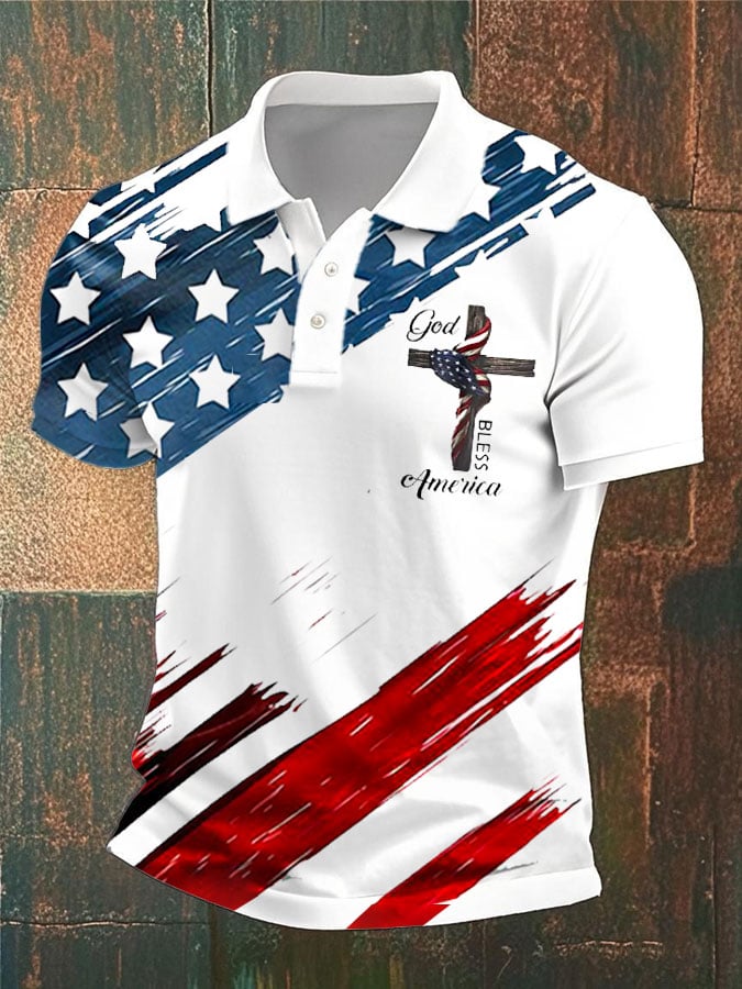 Camisa polo tejidoted de manga corta faith in God We Trust Independence Day flag button head faith
