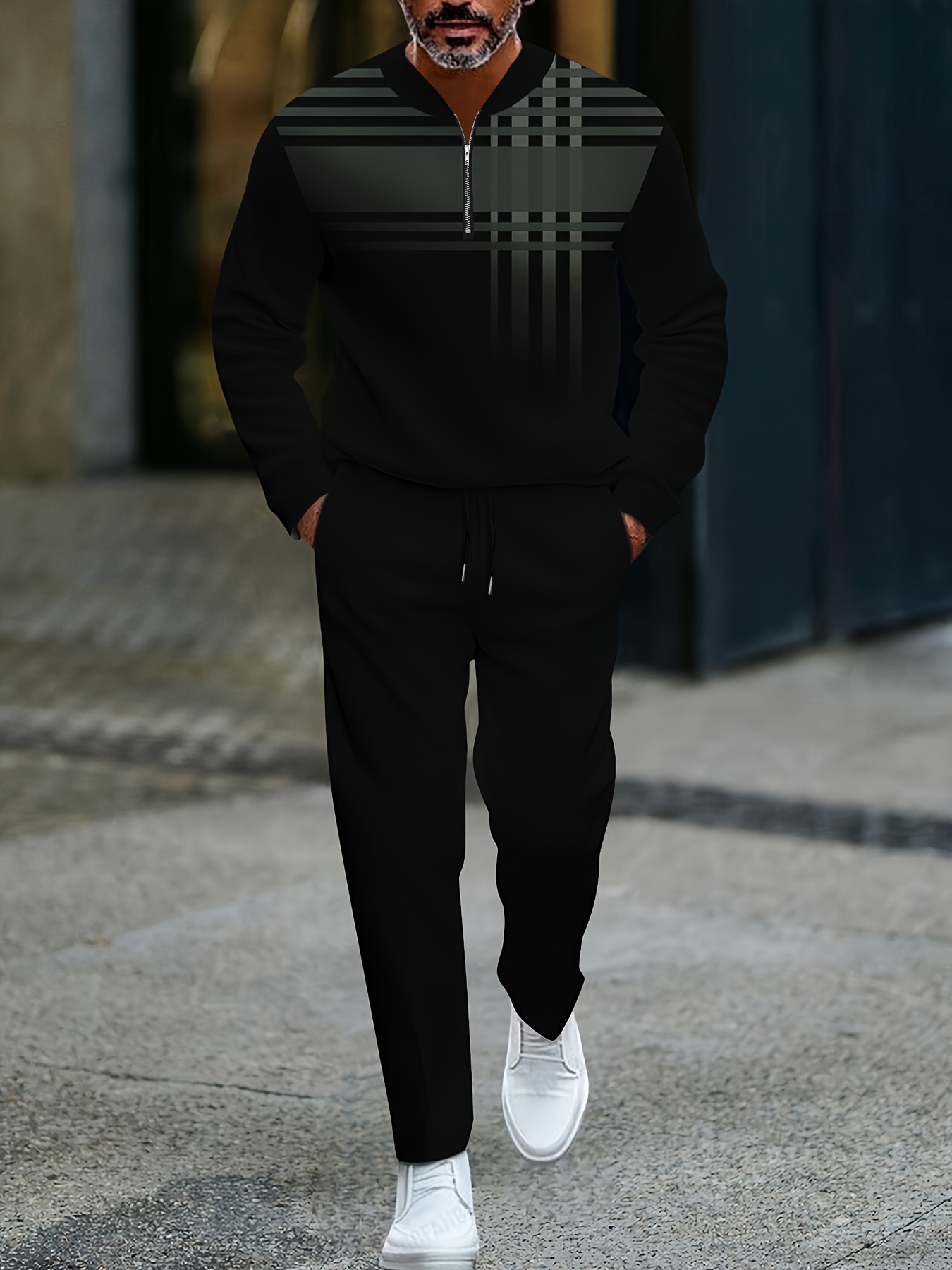 Conjunto de dos piezas casual Color Matching estampado Round-Neck Zipper de manga larga Trousers para hombre