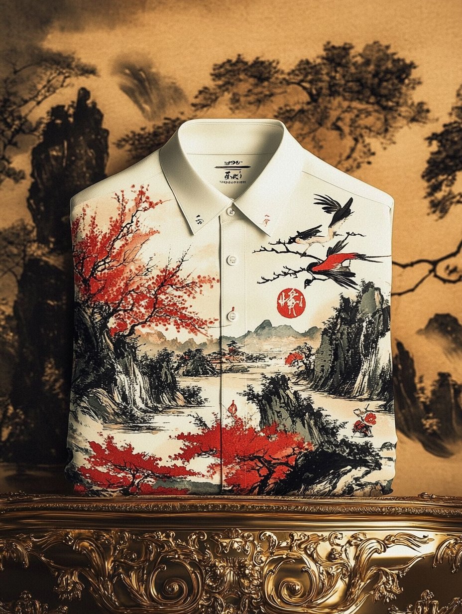 Camisa de lujo clásico Ukiyo-e de manga larga para hombre