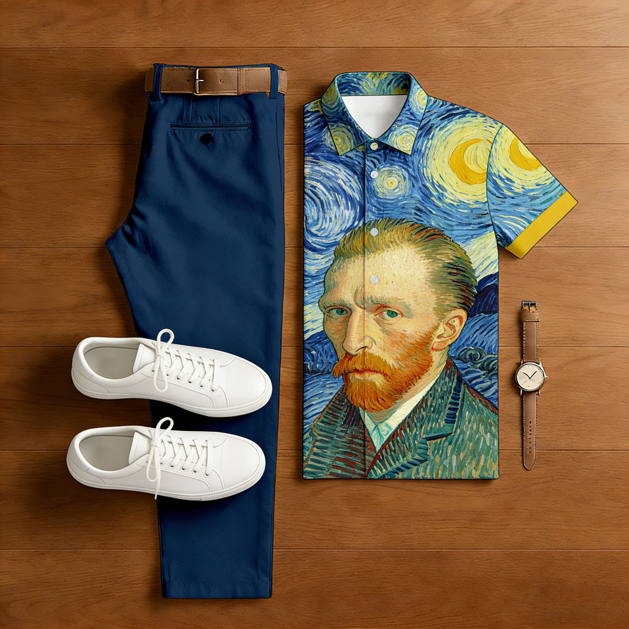 Conjunto de dos piezas casual Blue Figure estampado camisa polo And Trousers para hombre