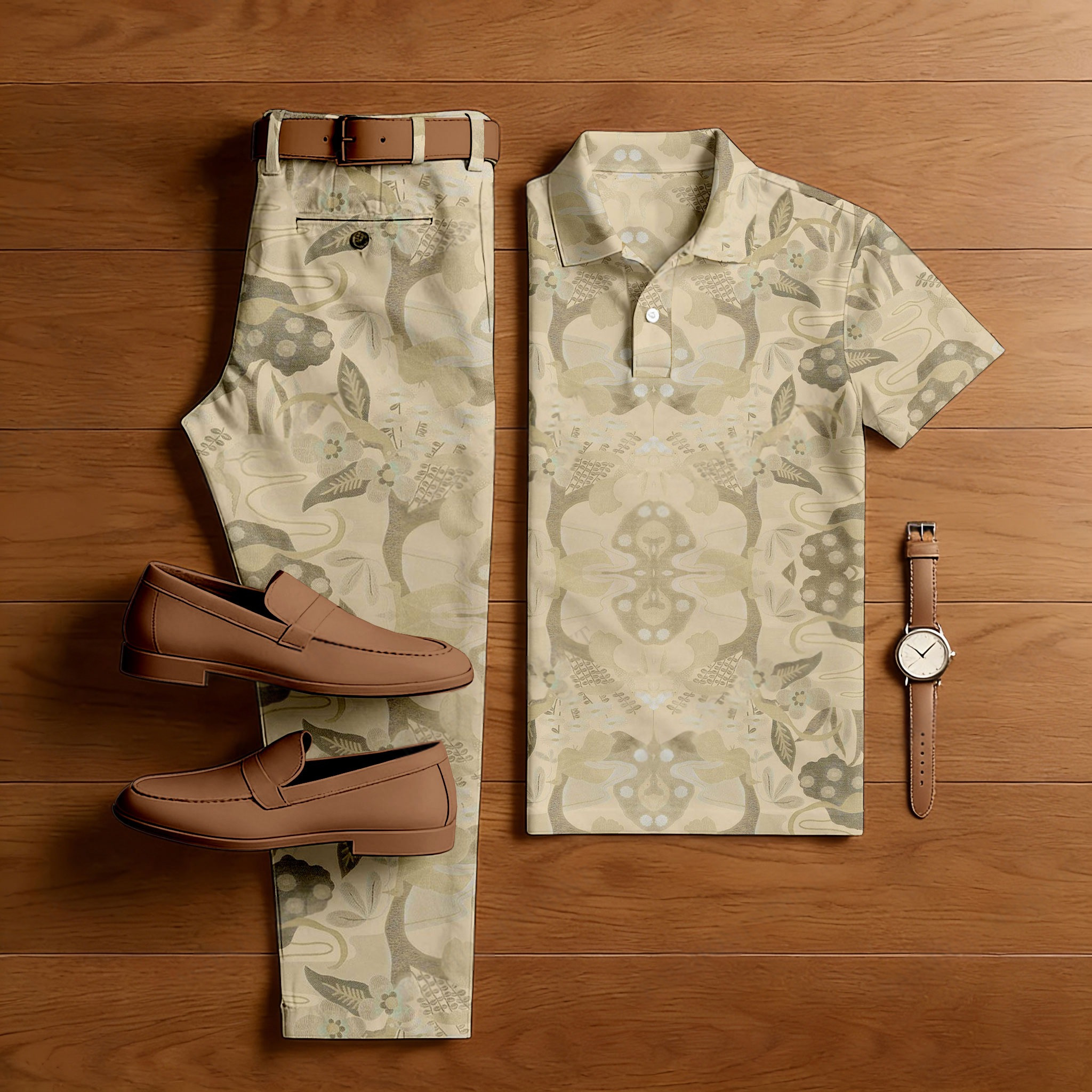 Conjunto de dos piezas casual Apricot estampado camisa polo And Trousers para hombre