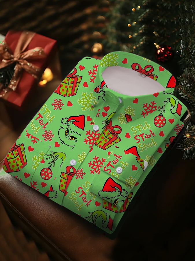 Camisa de lujo Christmas Contrast Color estampado de manga larga para hombre