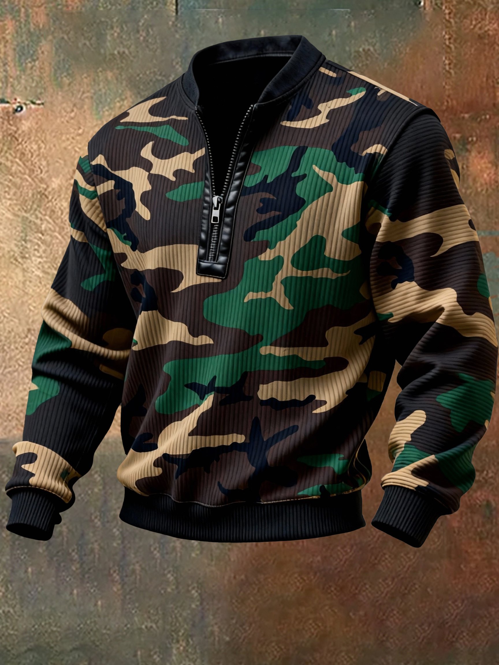 Sudadera casual retro Contrast Color Half Zip Stand cuello de manga larga para hombre