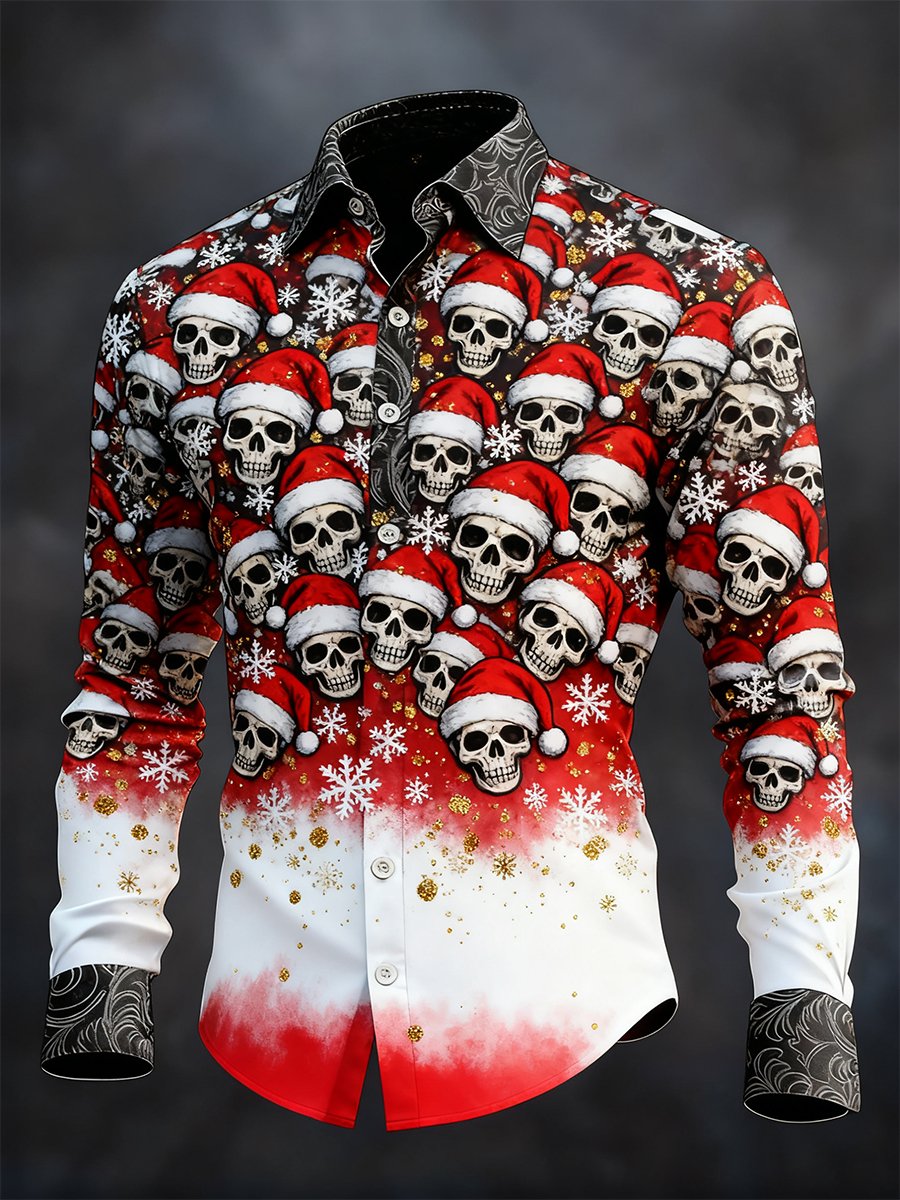 Camisa vintage Christmas Skull de manga larga para hombre