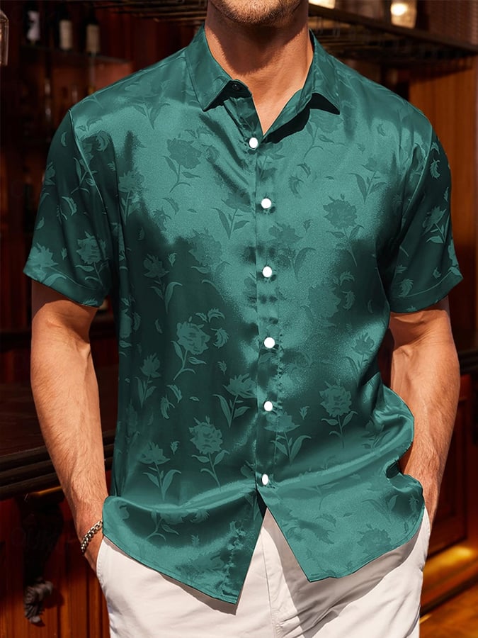 Camisa de moda ejecutivo de lujo satén de color sólido de manga corta para hombre