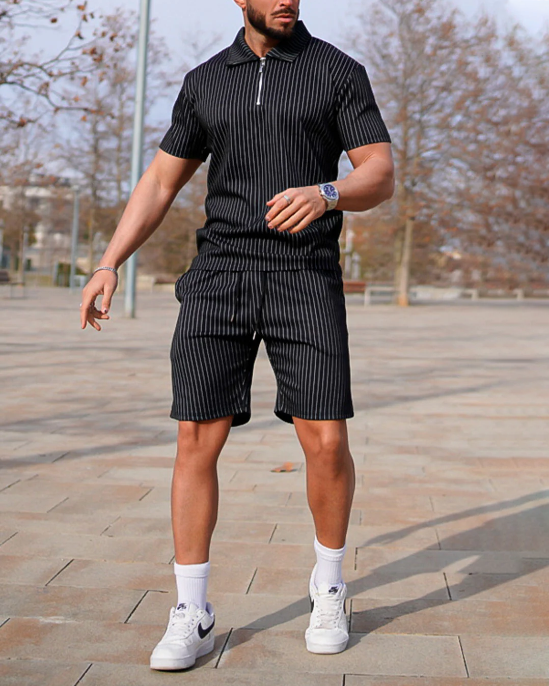 Suitmens Black Vertical rayas Summer POLO Suit para hombre