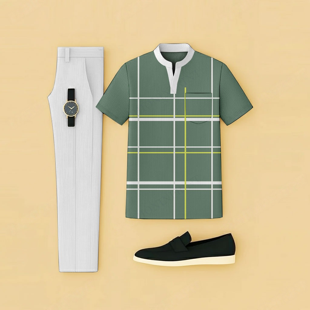 Conjunto de dos piezas casual Green a cuadros estampado de manga corta camiseta And pantalón para hombre