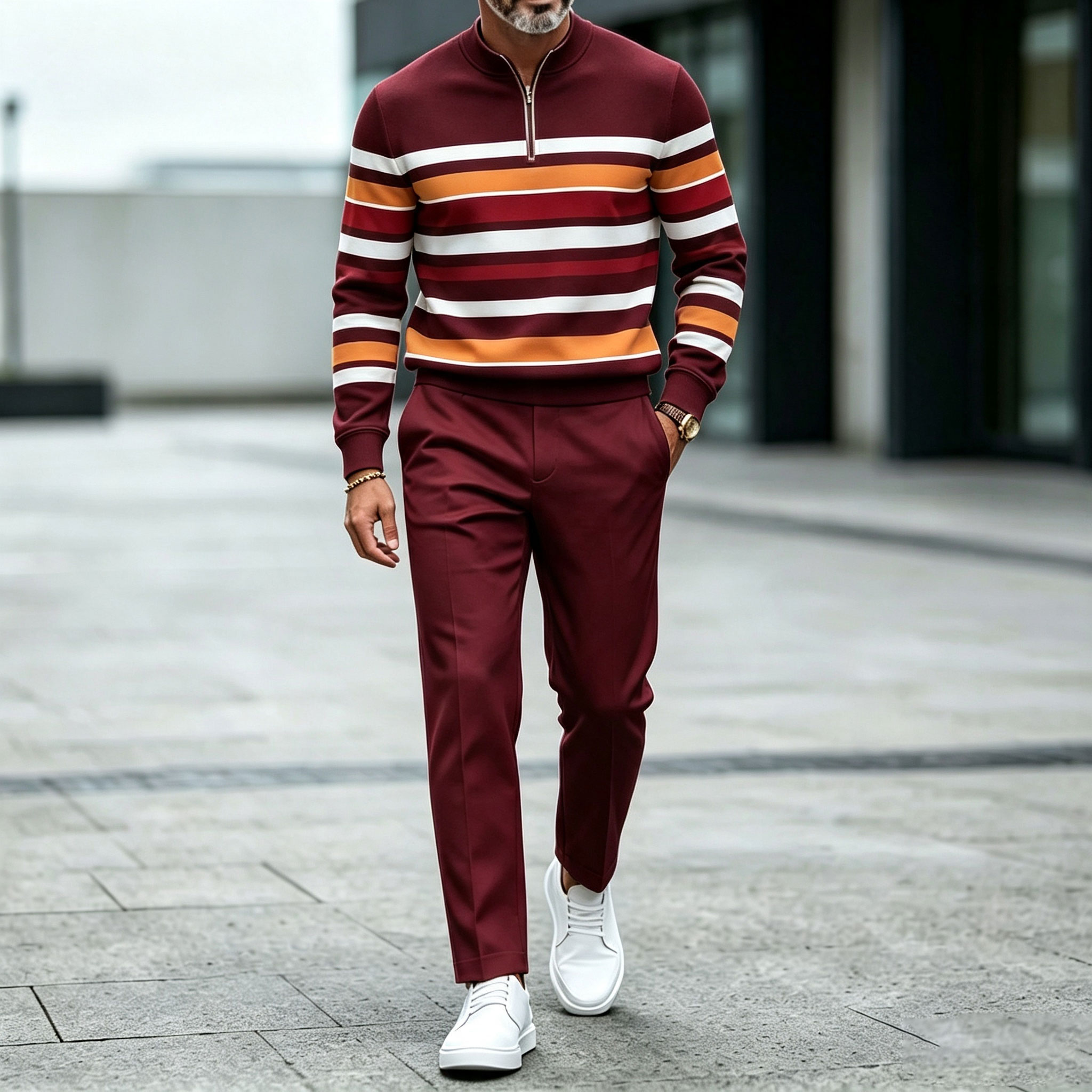 para hombre Color-Blocked a rayas Crew-Neck Zipper de manga larga Top and pantalón Set