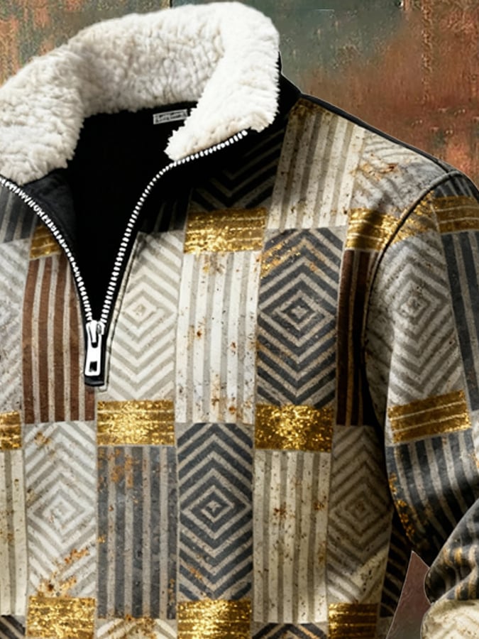 Sudadera retro en bloques de color estampado casual Fur cuello para hombre