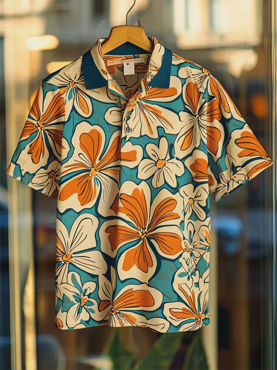 Camisa polo casual Festive floral estampado Button de manga corta para hombre