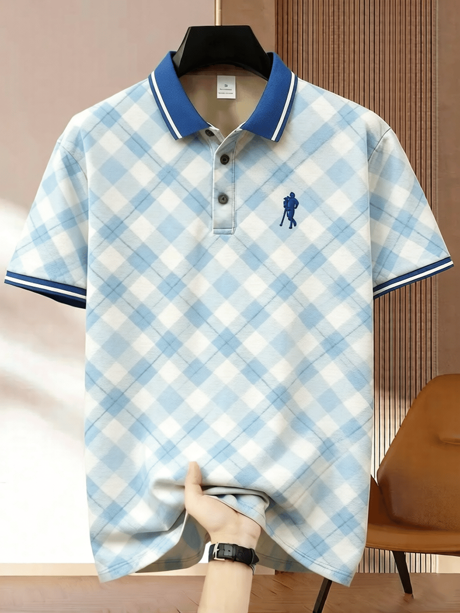 Camisa polo ejecutivo Colorblock a cuadros estampado para hombre