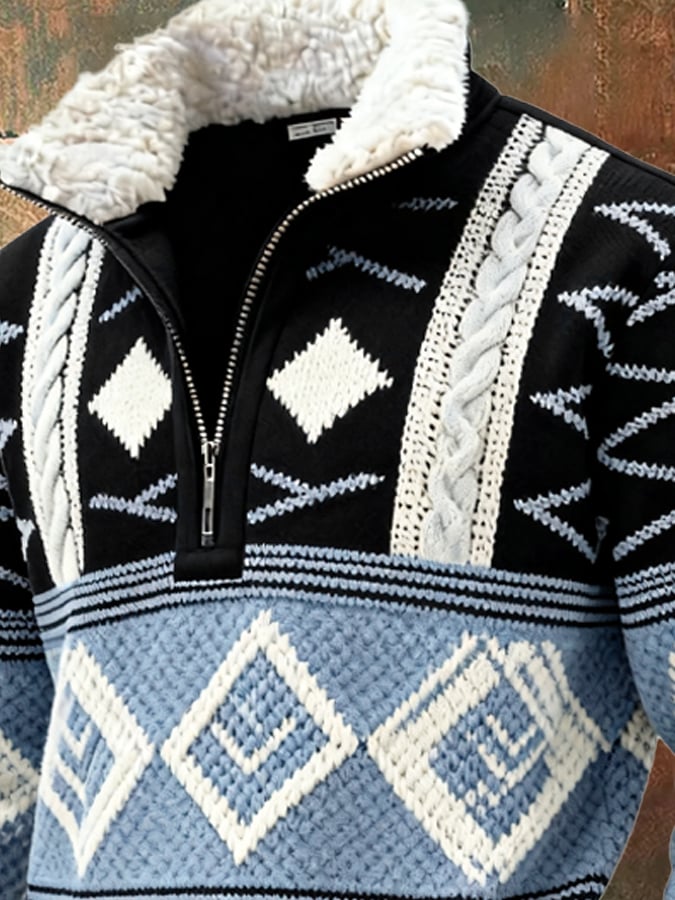 Sudadera retro en bloques de color estampado casual Fur cuello para hombre