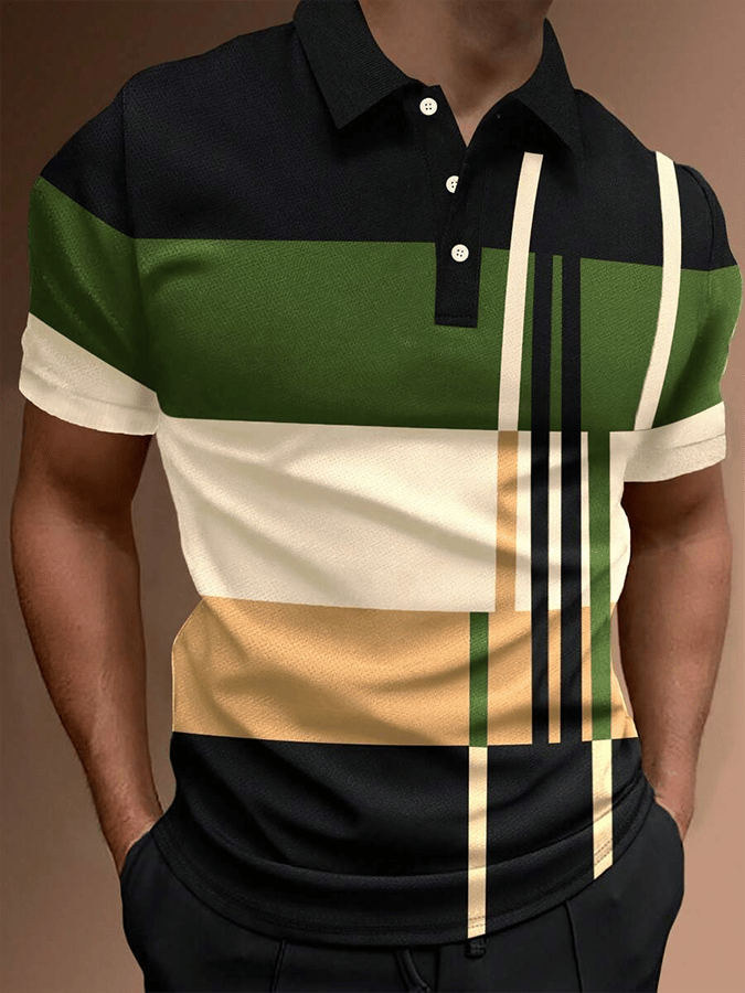 Camisa polo retro Contrast Design Button de manga corta casual para hombre
