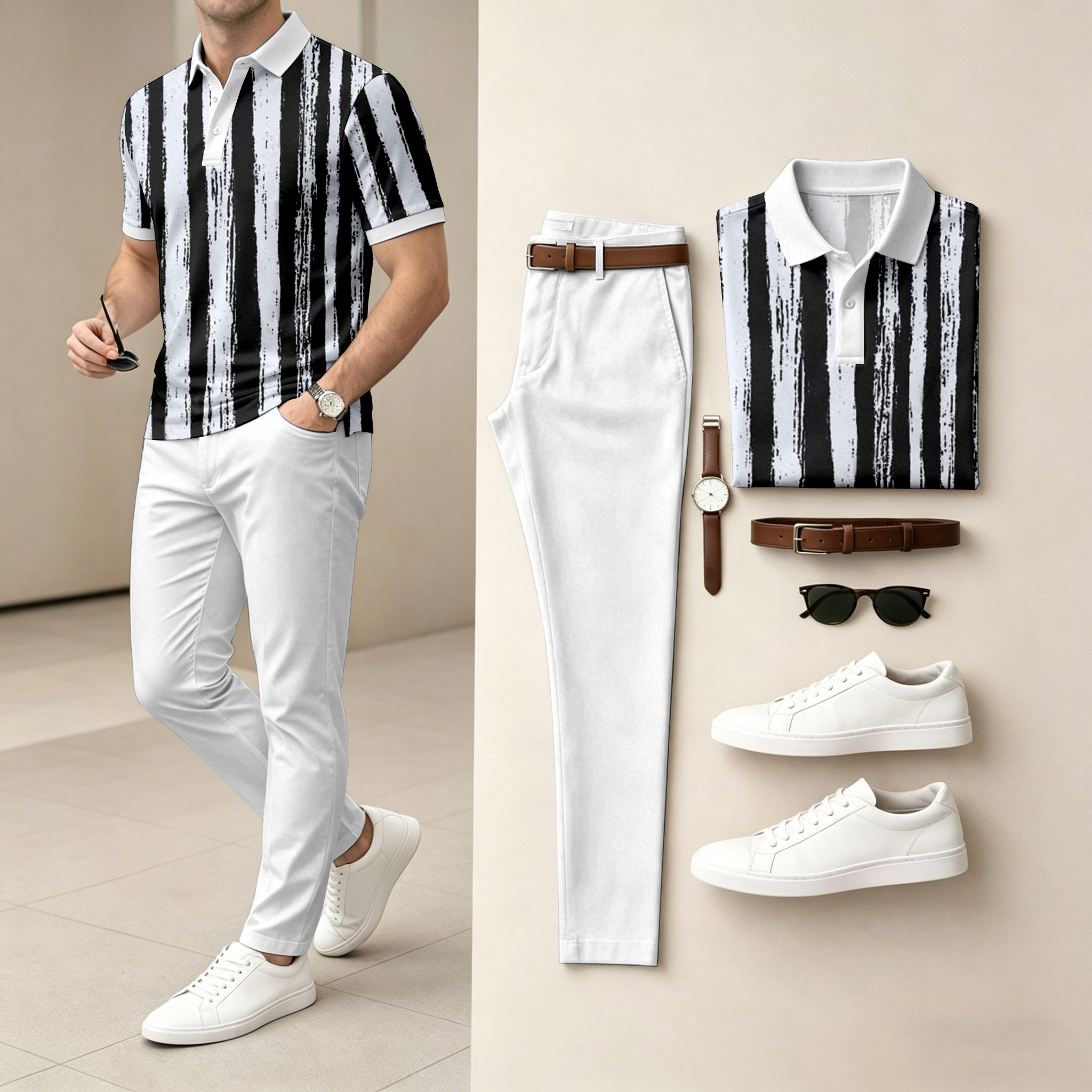 para hombre a rayas Print de manga corta camisa polo and pantalón Set
