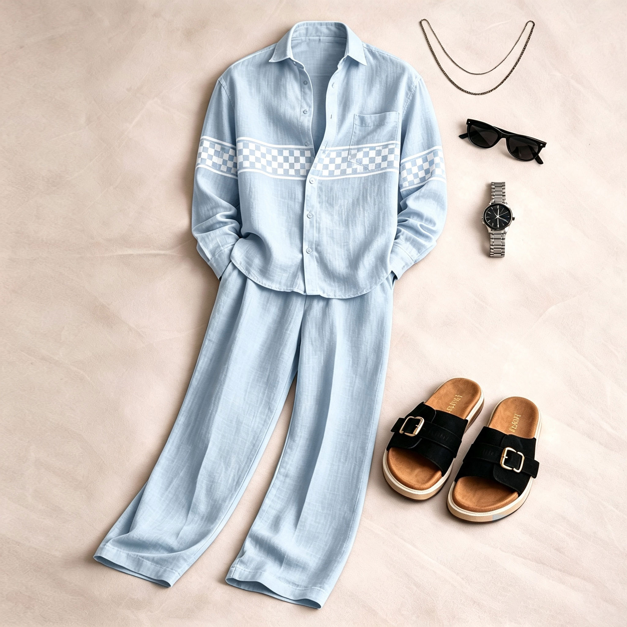 para hombre Light Blue de manga larga camisa and pantalón Set
