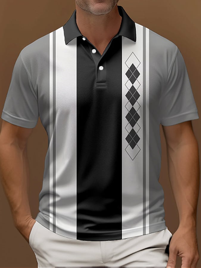 Camisa polo vintage a rayas Button de manga corta para hombre