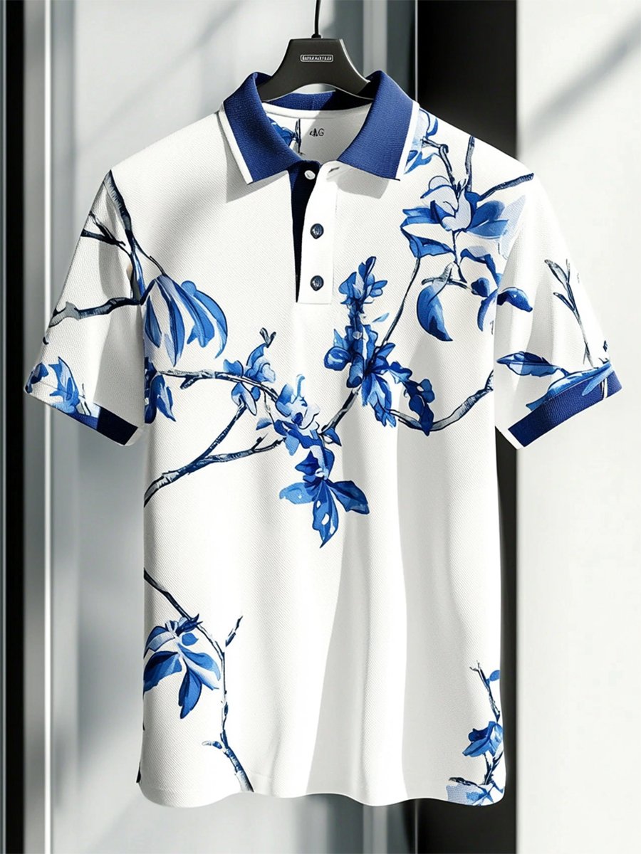 Camisa polo Resort floral estampado Button de manga corta para hombre