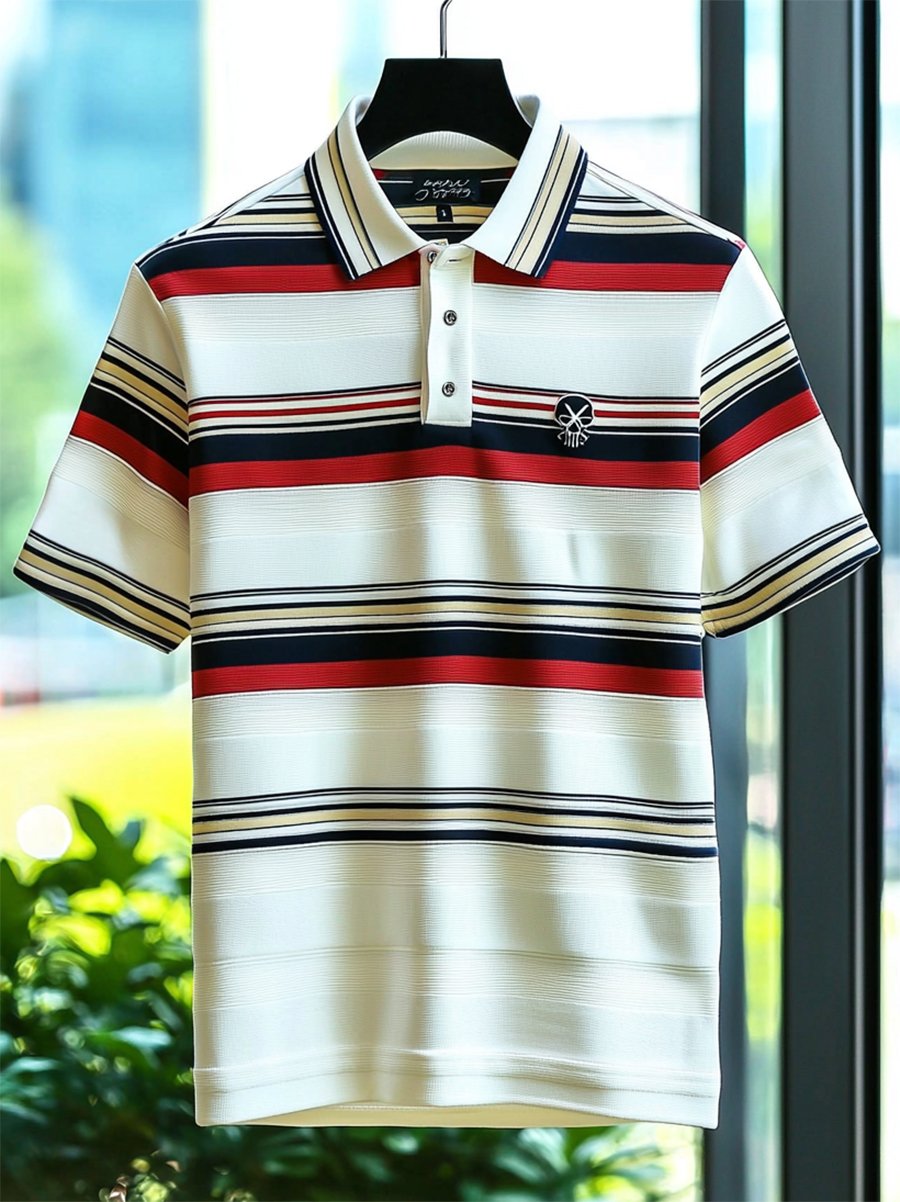 Camisa polo ejecutivo casual a rayas Skull Button de manga corta para hombre