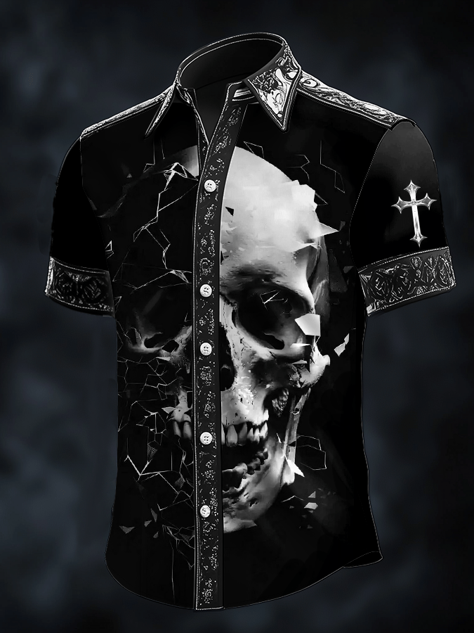 Camisa Dark Skull estampado satén de manga corta para hombre