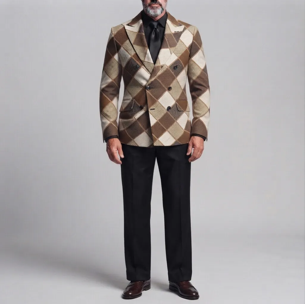 para hombre ejecutivo casual Colorblock Plaid Print Peak Lapel Double-Breasted de corte entallado saco