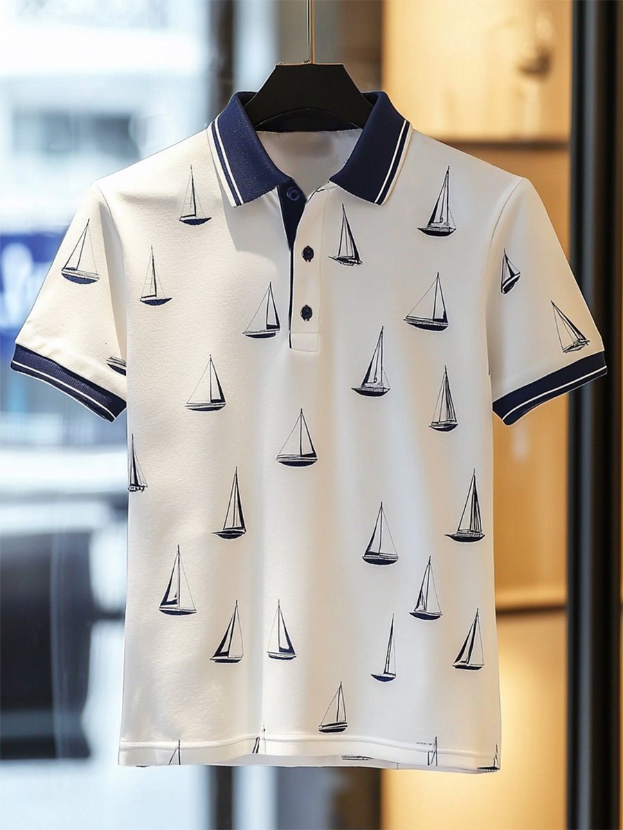 Camisa polo casual ejecutivo Sailing estampado Button de manga corta para hombre